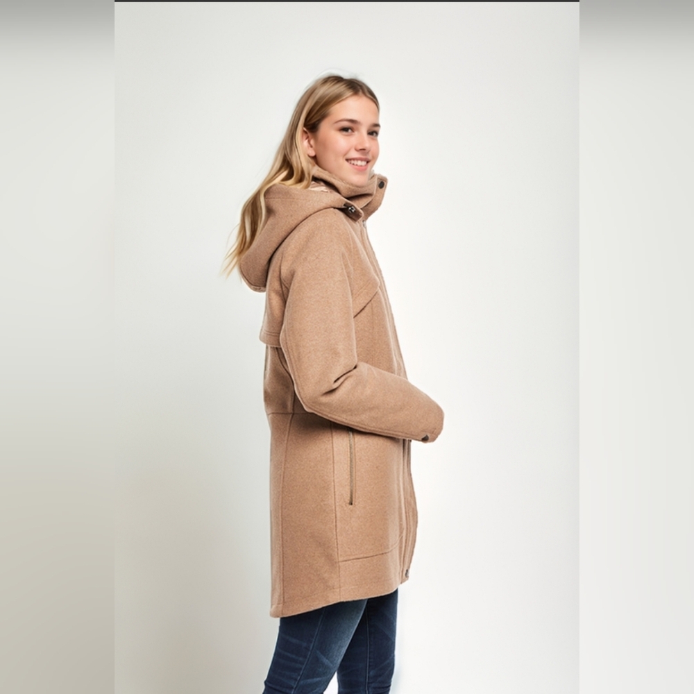 Womens Hooded Wool-Blend Coat in Camel
